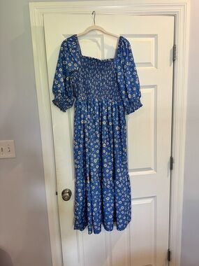 SHEIN Blue Floral Smocked Midi Dress with Puff Sleeves
